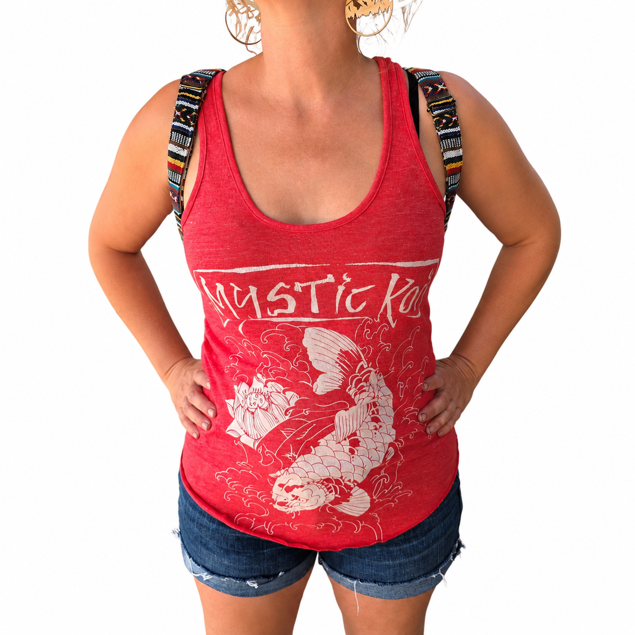 Mystic Koi Women's Racerback Tank - heather red, front print close-up