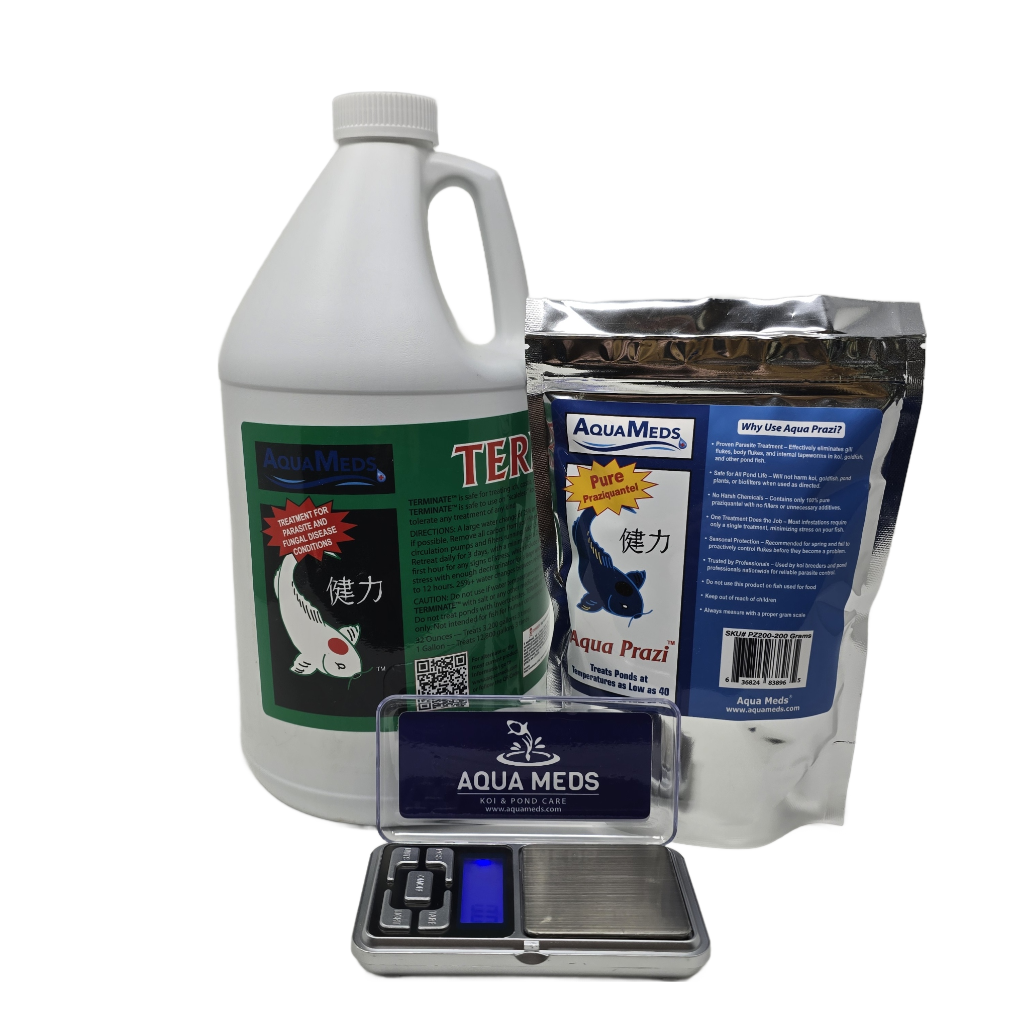 Aqua Meds Terminate and Aqua Prazi parasite treatment kit with digital gram scale